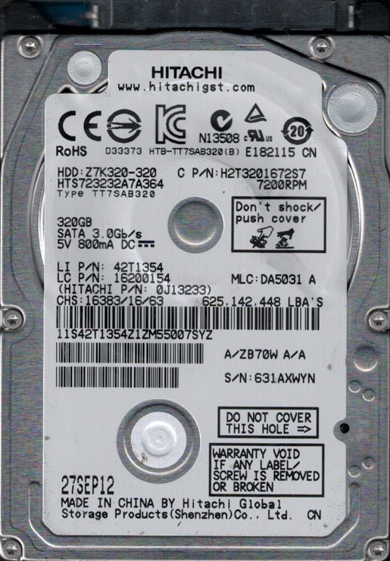 Hitachi HTS723232A7A364 P/N: 0J13233 MLC: DA5031 320GB