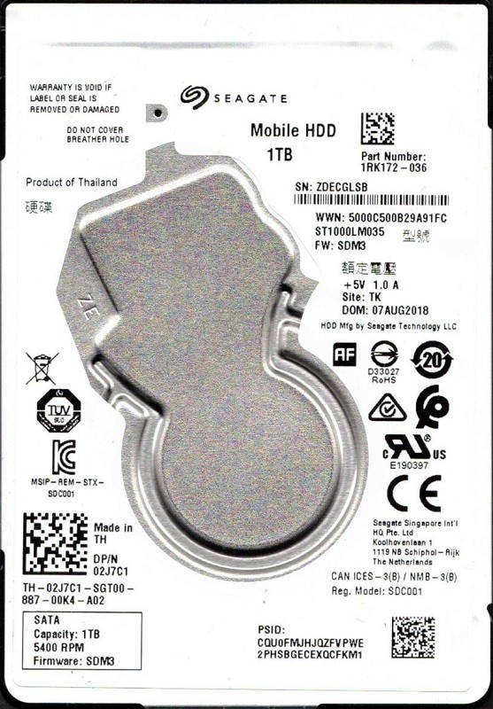 ST1000LM035 P/N: 1RK172-036 F/W: SDM3 TK ZDE Seagate 1TB 2.5" HDD