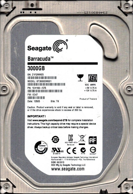 Seagate Barracuda ST3000DM001 P/N: 1CH166-575 F/W: CC47 3TB TK Z1F