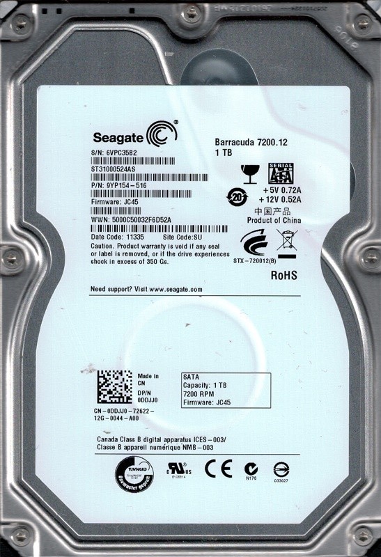 Seagate ST31000524AS P/N: 9YP154-516 F/W: JC45 SU 1TB