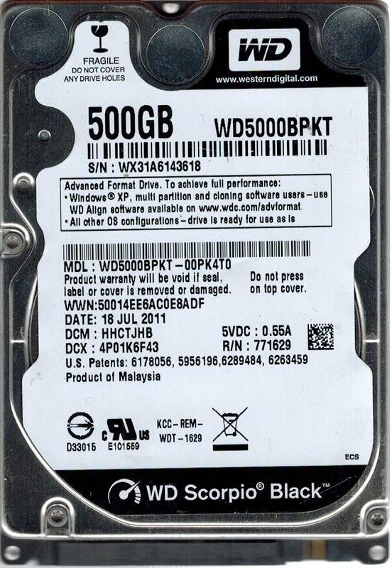 Western Digital WD5000BPKT-00PK4T0 500GB DCM: HHCTJHB