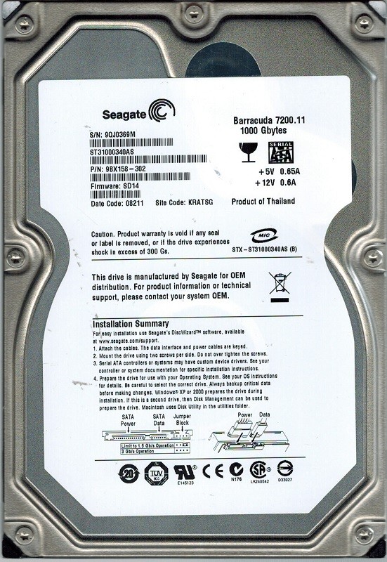 ST31000340AS Seagate P/N: 9BX158-302 F/W: SD14 1TB KRATSG