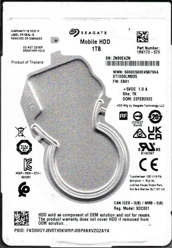 ST1000LM035 P/N: 1RK172-570 F/W: EB01 TK ZN9 Seagate 1TB