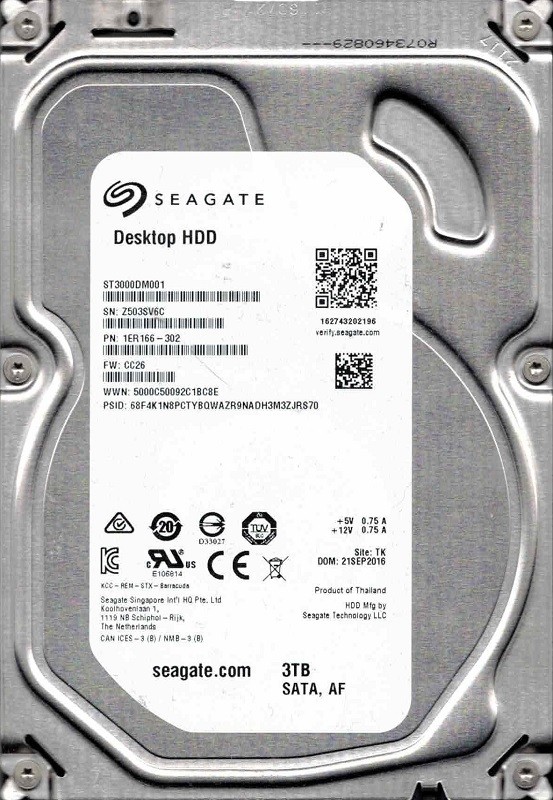 ST3000DM001 P/N: 1ER166-302 F/W: CC26 TK Z503 SEP 2016 Seagate 3TB