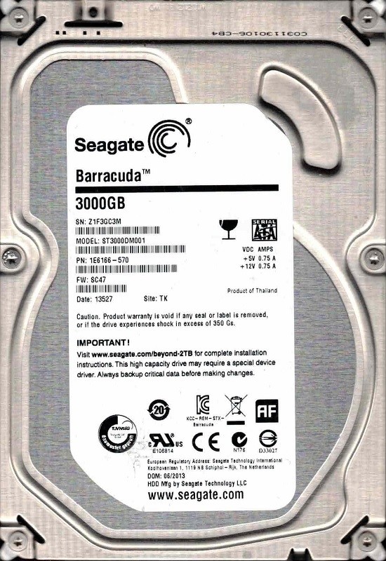 ST3000DM001 F/W: SC47 P/N: 1E6166-570 TK Z1F3 06/2013 Seagate 3TB