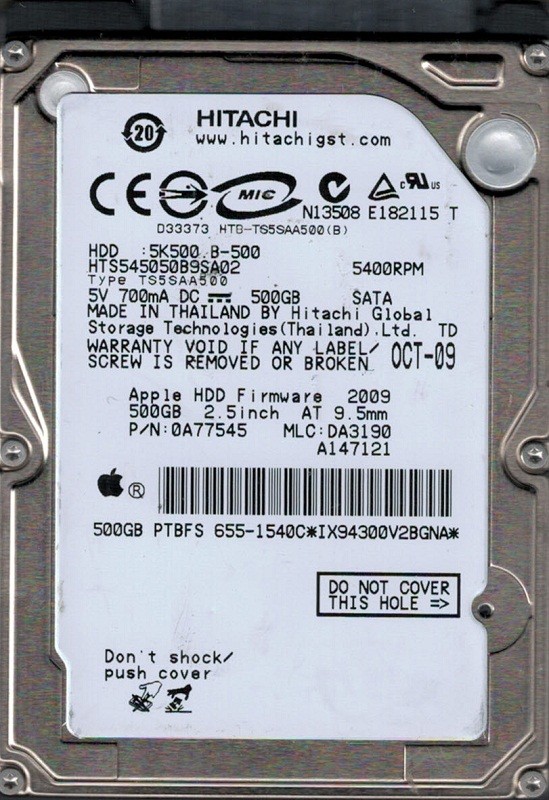 Hitachi HTS545050B9SA02 P/N: 0A77545 MLC: DA3190 MAC 655-1540C 500GB
