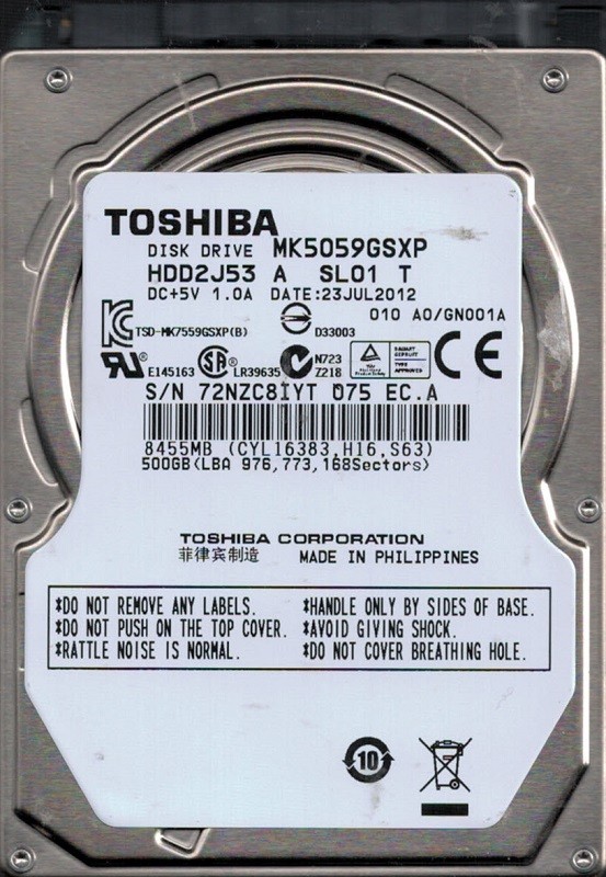 Toshiba MK5059GSXP 500GB HDD2J53 A SL01 T F/W: A0/GN001A PHILIPPINES