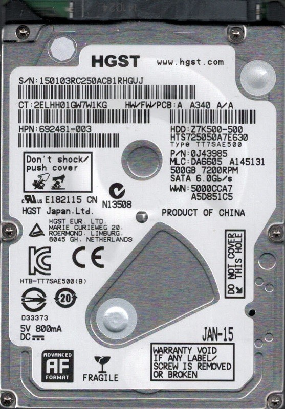 HGST HTS725050A7E630 P/N: 0J43985 MLC: DA6605 500GB 