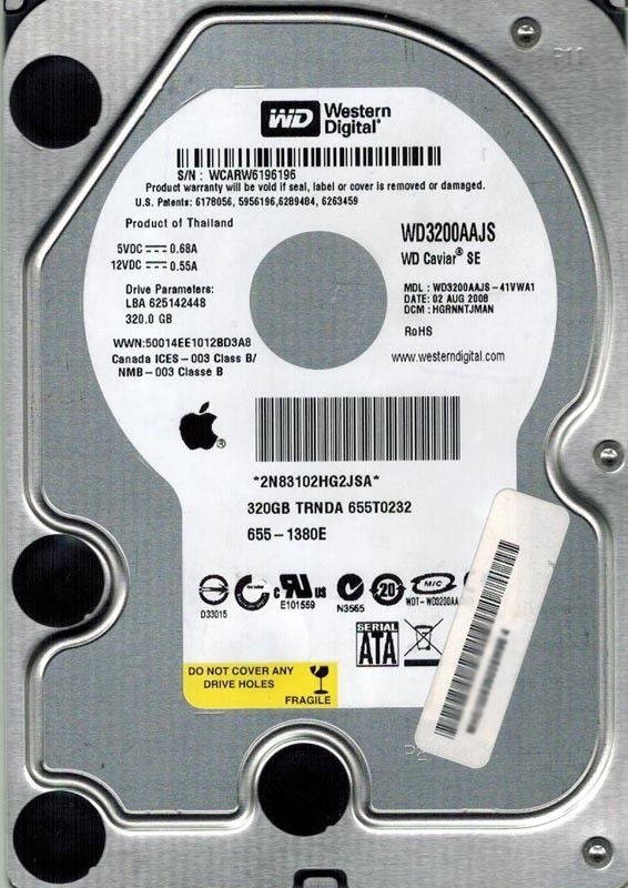 WESTERN DIGITAL 320GB WD3200AAJS-41VWA1 DCM: HGRNNTJMAN MAC 655-1380E