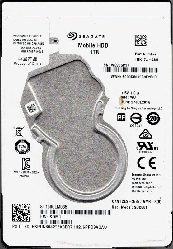 ST1000LM035 P/N: 1RK172-285 F/W: SDM1 WU WES Seagate Mobile HDD 1TB