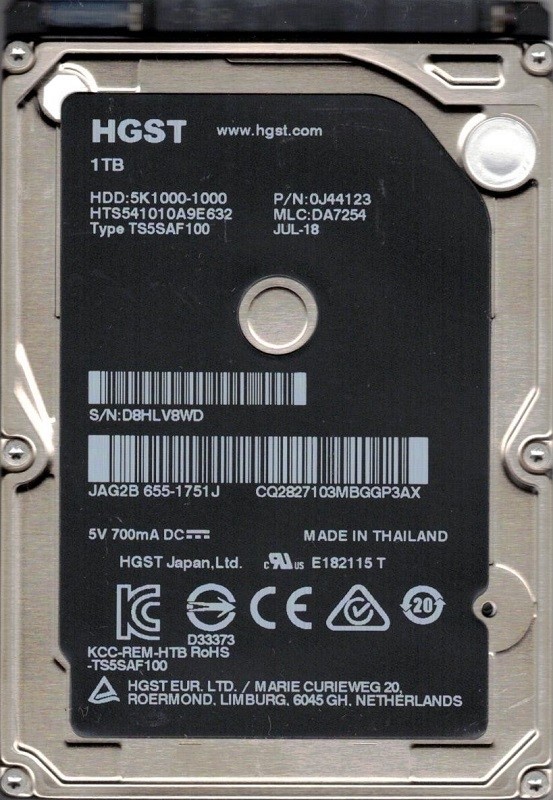 HTS541010A9E632 P/N: 0J44123 MLC: DA7254 MAC 655-1751J HGST 1TB