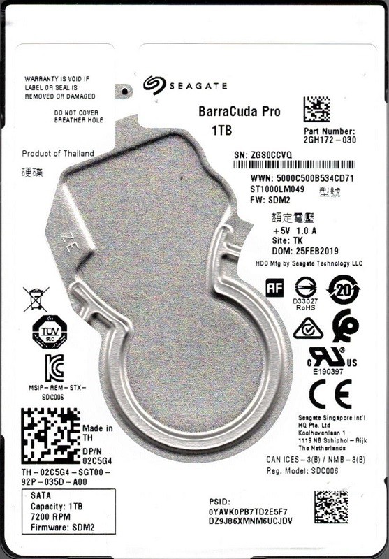 ST1000LM049 P/N: 2GH172-030 F/W: SDM2 TK ZGS Seagate BarraCuda Pro 1TB