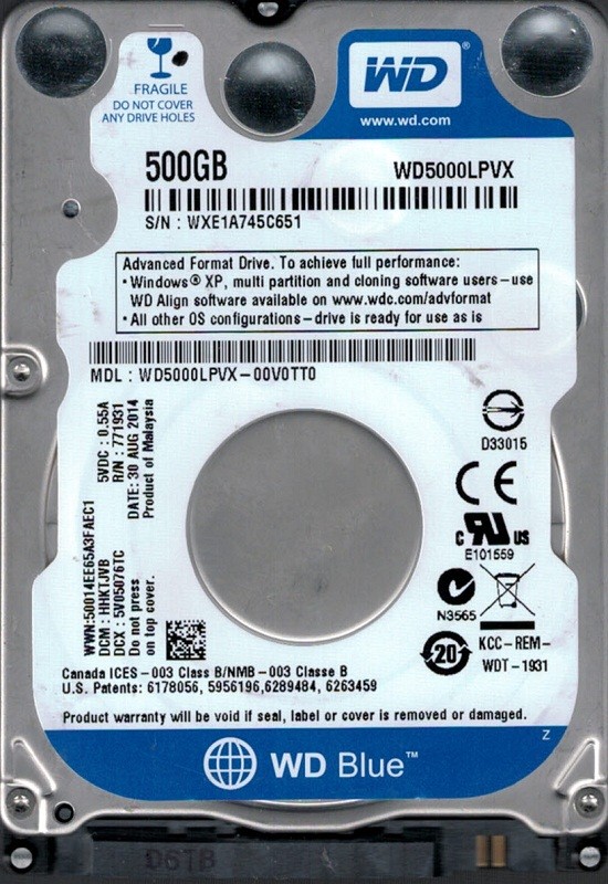 Western Digital WD5000LPVX-00V0TT0 500GB DCM: HHKTJVB WXE1A