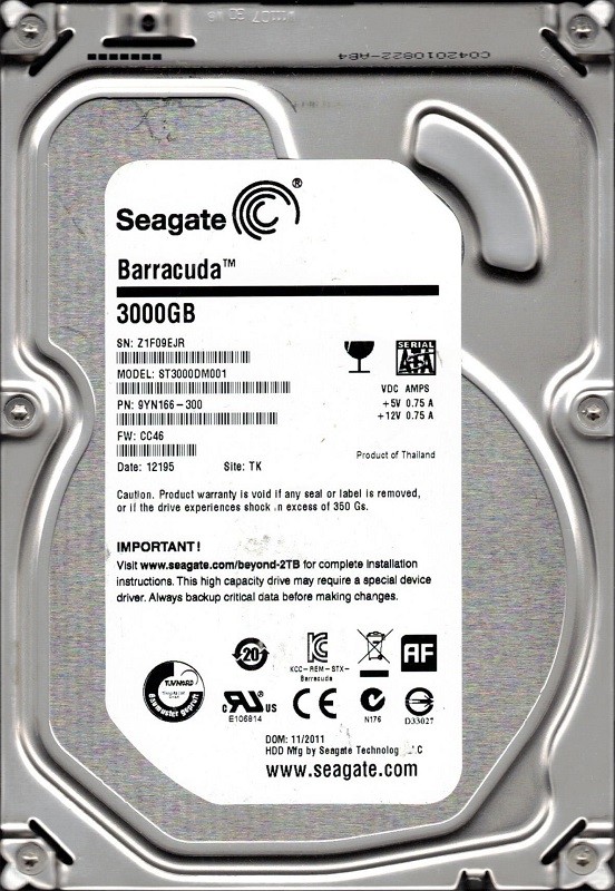 Seagate ST3000DM001 P/N: 9YN166-300 F/W: CC46 3TB TK Z1F