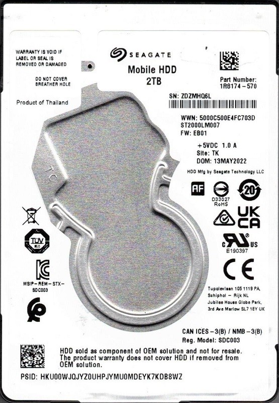 ST1000LM035 P/N: 1RK172-570 F/W: EB01 TK ZDZM Seagate 1TB