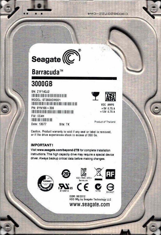 ST3000DM001 P/N: 9YN166-306 F/W: CC4H TK Z1F1 08/2012 Seagate 3TB