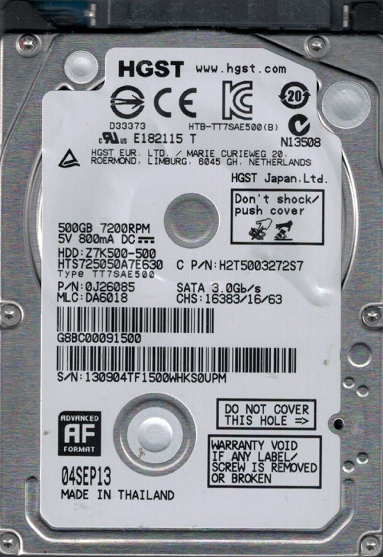 HTS725050A7E630 MLC: DA6018 P/N: 0J26085 500GB Thailand HGST