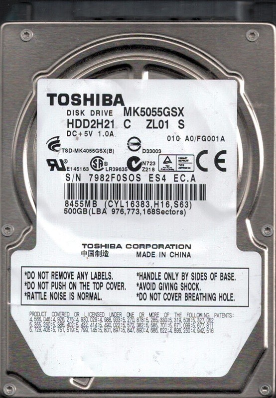 Toshiba MK5055GSX HDD2H21 C ZL01 S 500GB CHINA F/W: A0/FG001A