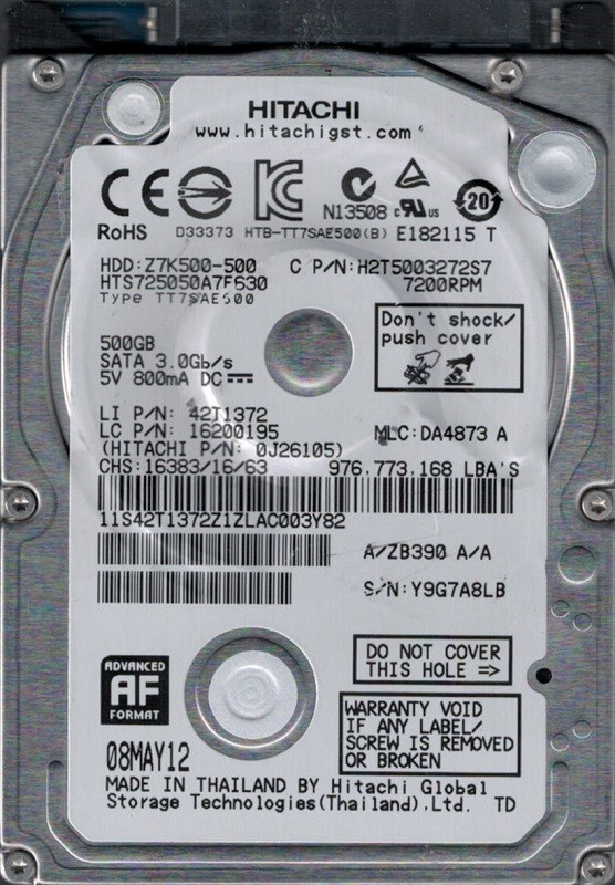 Hitachi HTS725050A7E630 P/N: 0J26105 MLC: DA4873 500GB Thailand