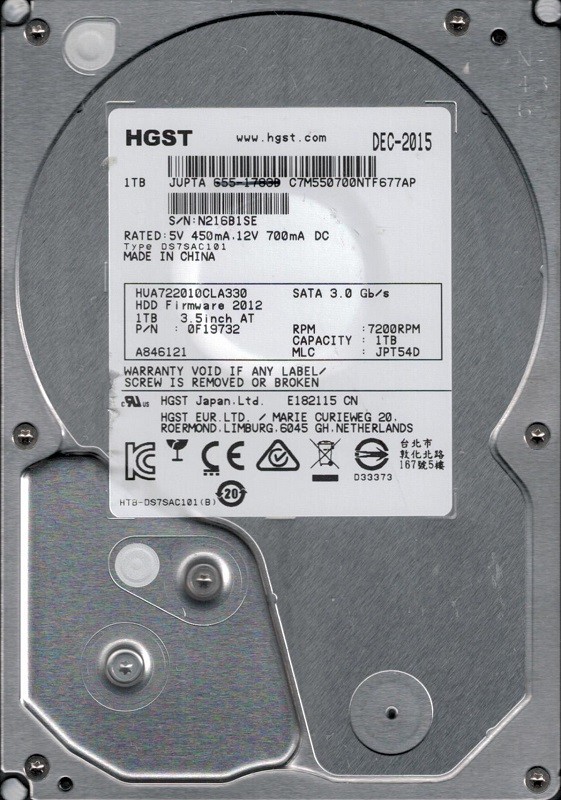 HUA722010CLA330 P/N: 0F19732 MLC: JPT54D MAC 655-1783D HGST 1TB