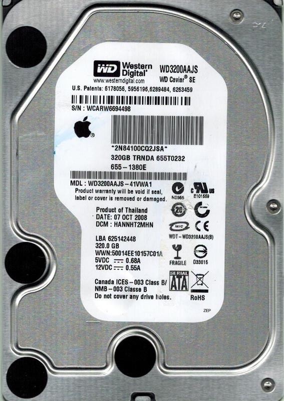 WESTERN DIGITAL 320GB WD3200AAJS-41VWA1 DCM: HANNHT2MHN MAC 655-1380E