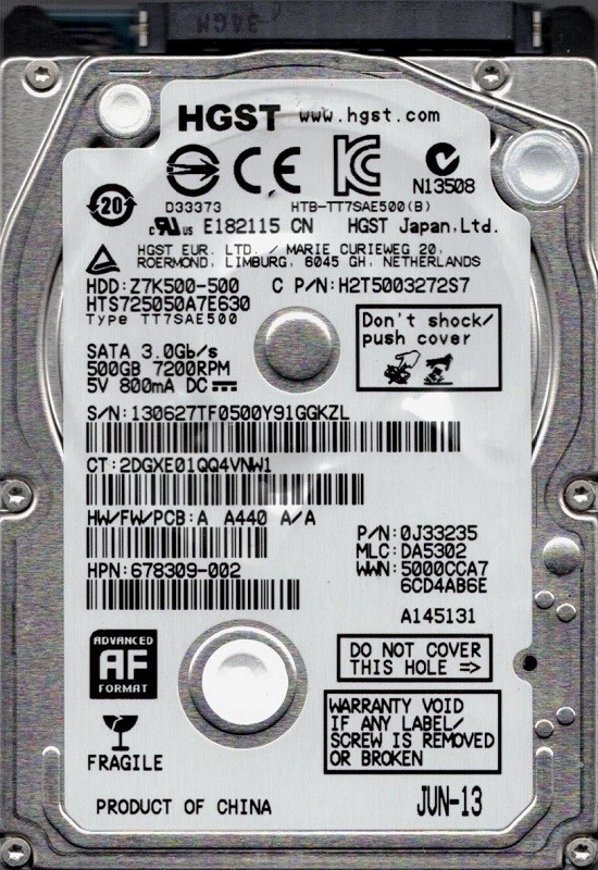 HTS725050A7E630 P/N: 0J33235 MLC: DA5302 China HGST 500GB Laptop Hard Drive