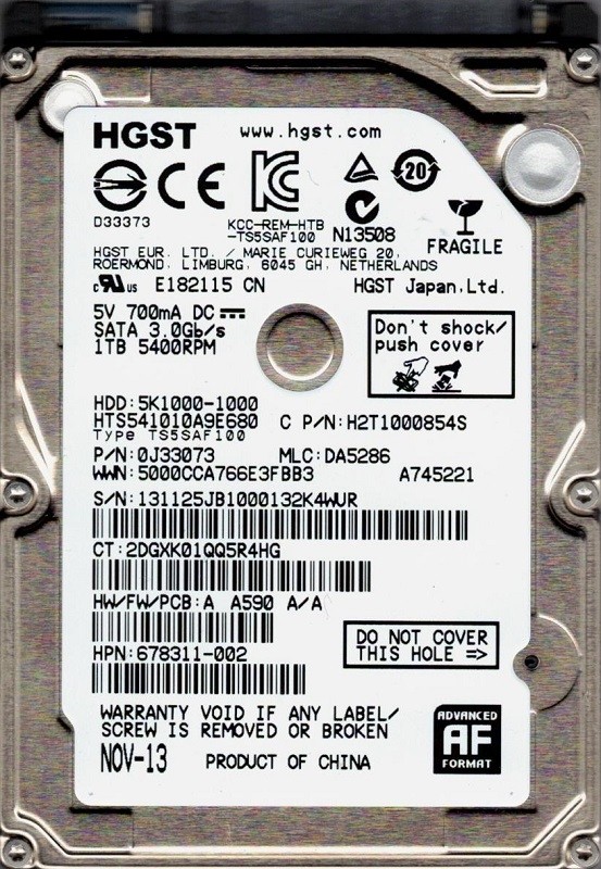 HTS541010A9E680 P/N: 0J33073 MLC: DA5286 China HGST 1TB