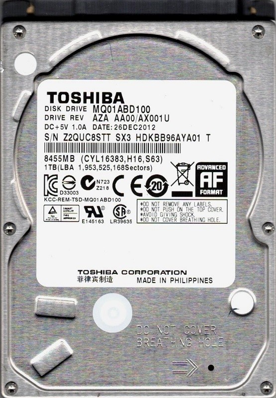 MQ01ABD100 AZA AA00/AX001U Philippines 1TB Toshiba Laptop Hard Drive