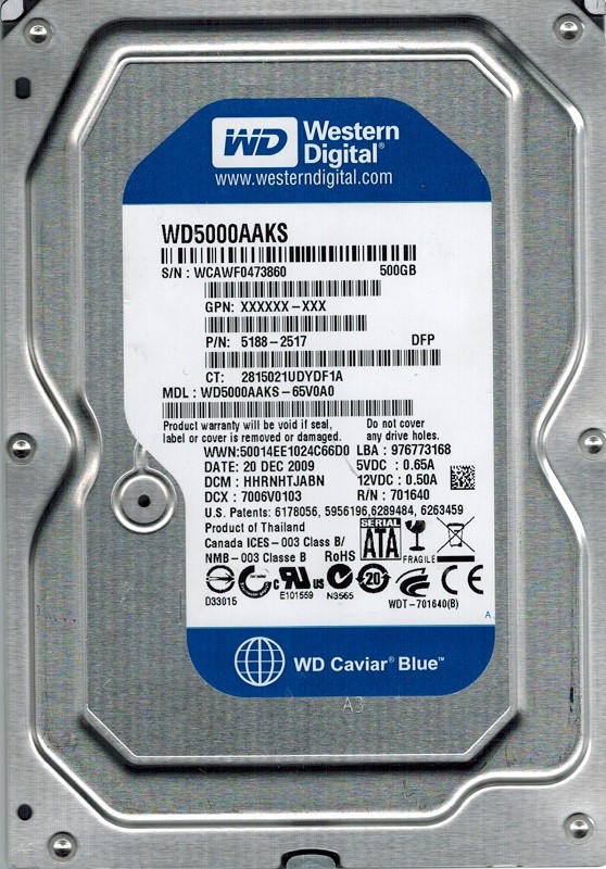 Western Digital WD5000AAKS-65V0A0 500GB DCM: HHRNHTJABN