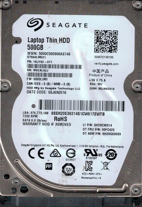 ST500LM021 P/N: 1KJ152-071 F/W: 0003LIM1 WU W62 Seagate 500GB Laptop HDD