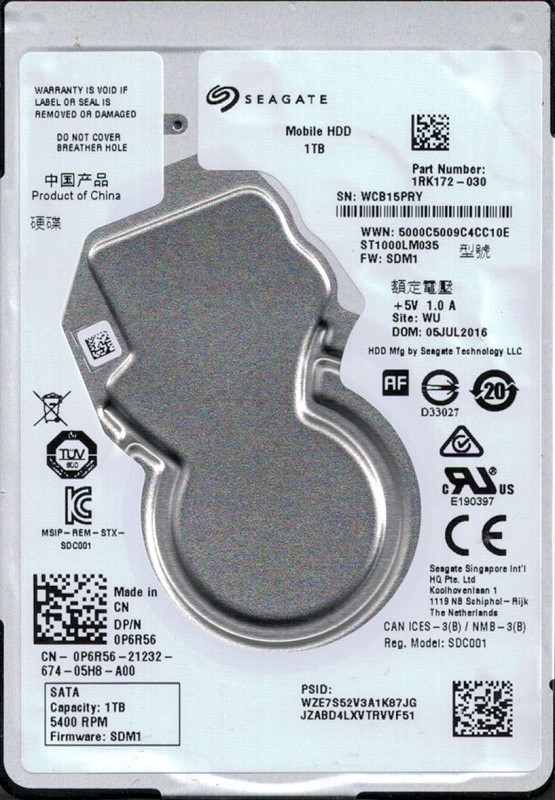 ST1000LM035 P/N: 1RK172-030 F/W: SDM1 WU WCB Seagate 1TB Mobile HDD