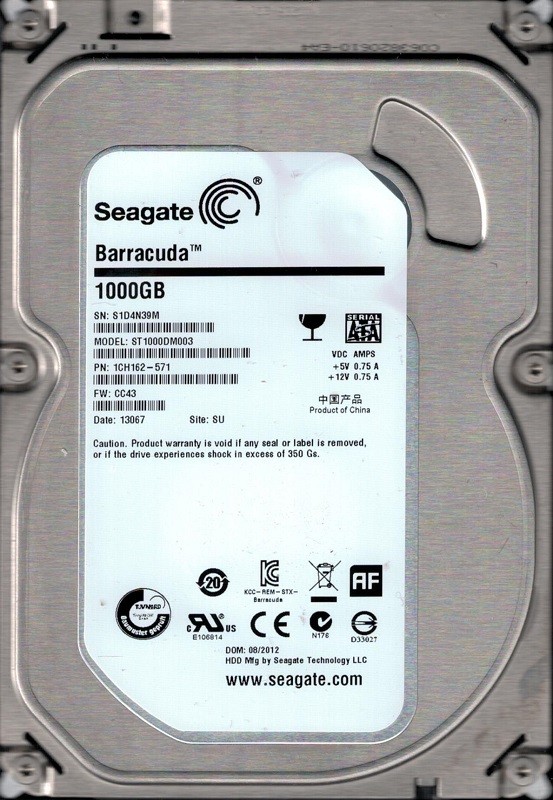 Seagate ST1000DM003 P/N: 1CH162-571 F/W: CC43 1TB SU S1D