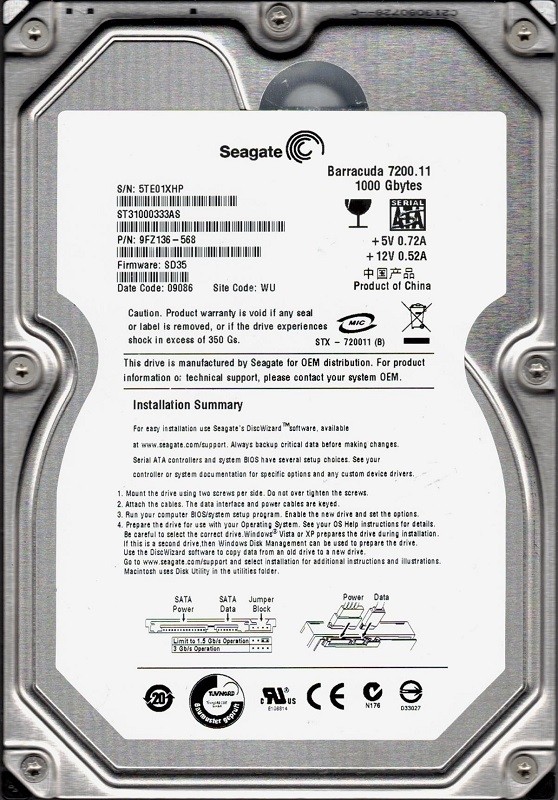 Seagate ST31000333AS P/N: 9FZ136-568 F/W: SD35 1TB WU 5TE
