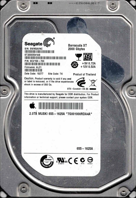 ST32000541AS P/N: 9GV158-700 F/W: AL31 TK 9WM MAC 655-1625A Seagate 2TB
