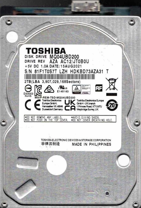 MQ04UBD200 AZA AC12/JT0B0U HDKBD73AZA31 T AUG 2021 Philippines Toshiba 2TB