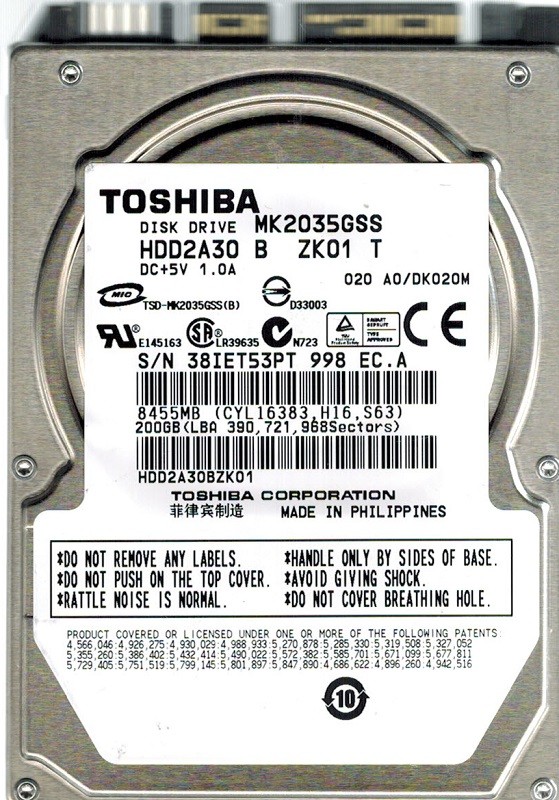 Toshiba MK2035GSS 200GB HDD2A30 B ZK01 T A0/DK020M