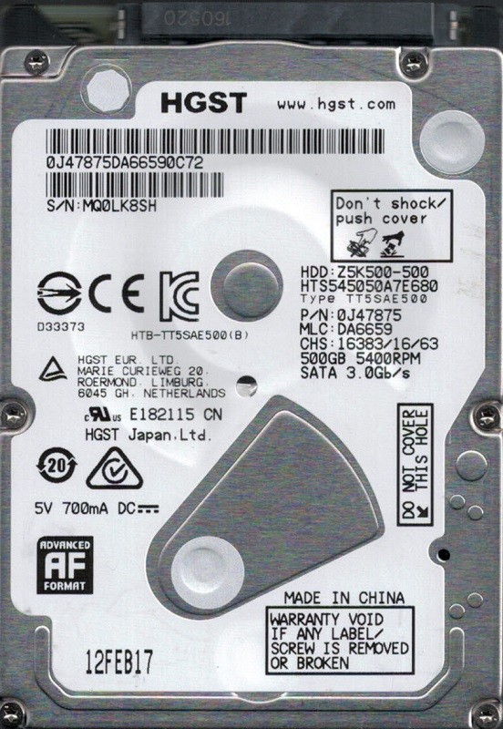 HTS545050A7E680 P/N: 0J47875 MLC: DA6659 HGST 500GB