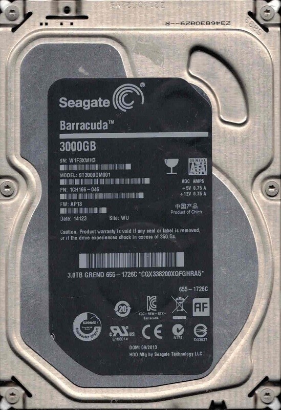 ST3000DM001 P/N: 1CH166-046 F/W: AP18 WU W1F MAC 655-1726C 09/2013 Seagate 3TB