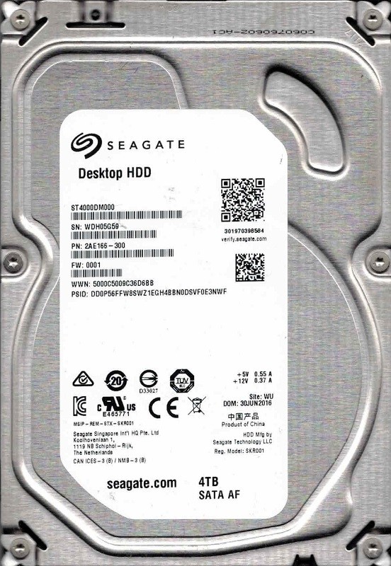 ST4000DM000 P/N: 2AE166-300 F/W: 0001 WU WDH0 JUN 2016 Seagate Desktop HDD 4TB