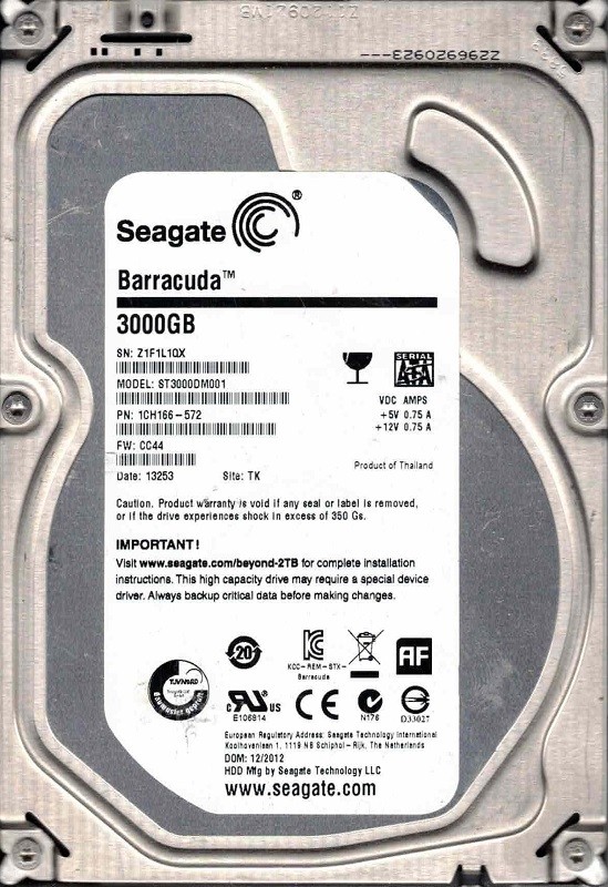 ST3000DM001 P/N: 1CH166-572 F/W: CC44 TK Z1F1 12/2012 Seagate 3TB