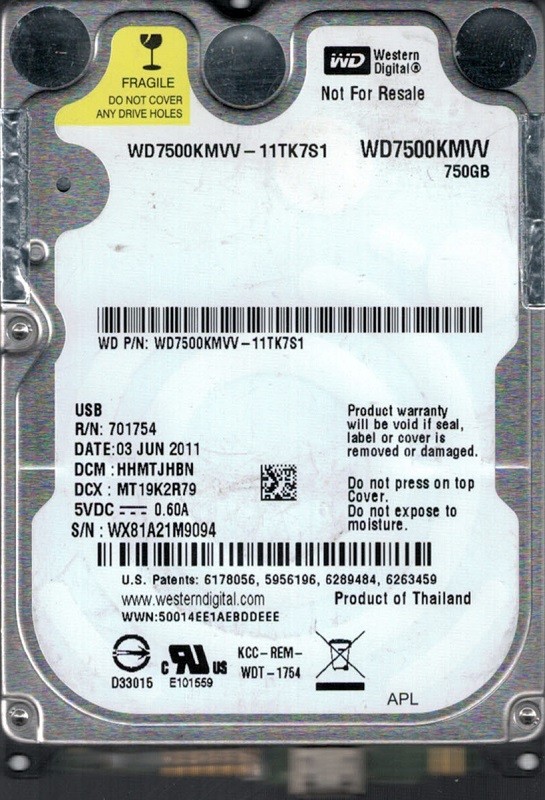 Western Digital WD7500KMVV-11TK7S1 DCM: HHMTJHBN 750GB