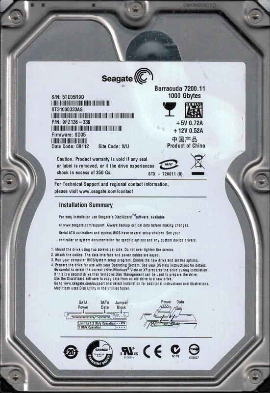 Seagate ST31000333AS P/N: 9FZ136-336 F/W: SD35 1TB WU 5TE