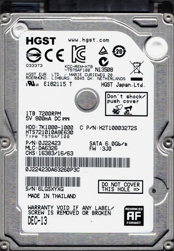 HGST HTS721010A9E630 MLC: DA6326 P/N: 0J22423 1TB