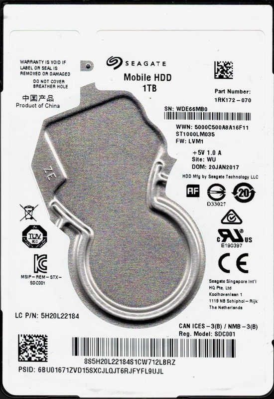 ST1000LM035 P/N: 1RK172-070 F/W: LVM1 WU WDE Seagate 1TB Mobile Hard Drive