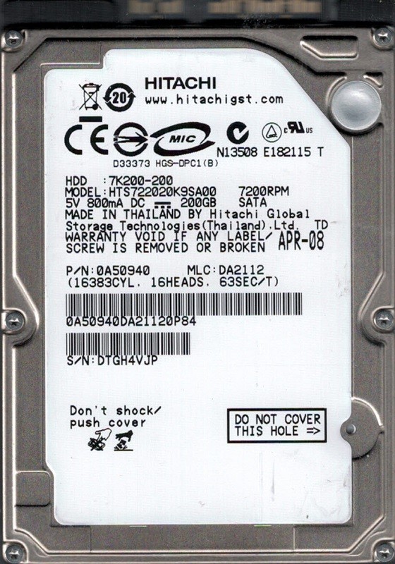 HTS722020K9SA00 MLC: DA2112 P/N: 0A50940 Hitachi 200GB