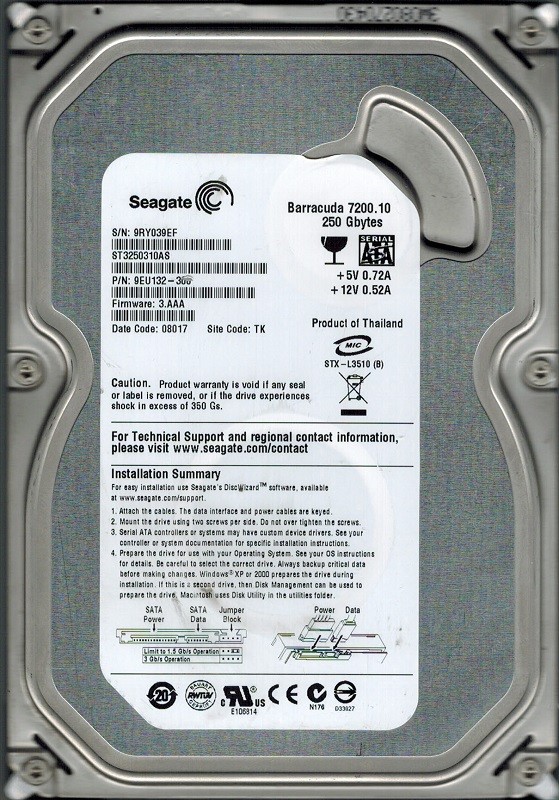 Seagate ST3250310AS P/N: 9EU132-300 F/W: 3.AAA 250GB TK