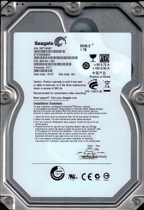 Seagate ST31000525SV F/W: CV11 P/N: 9SK154-500 WU 1TB