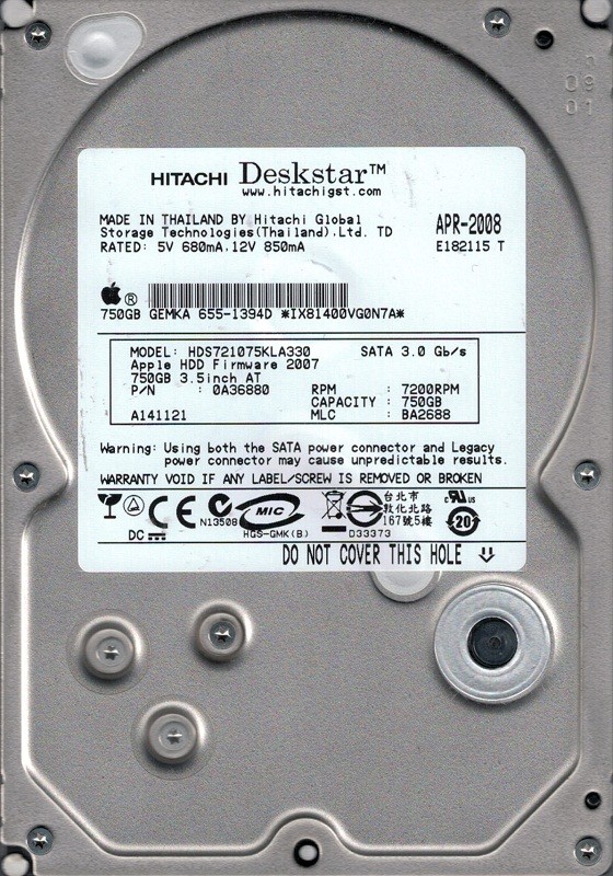 Hitachi HDS721075KLA330 P/N: 0A36880 MLC: BA2688 MAC 655-1394D 750GB