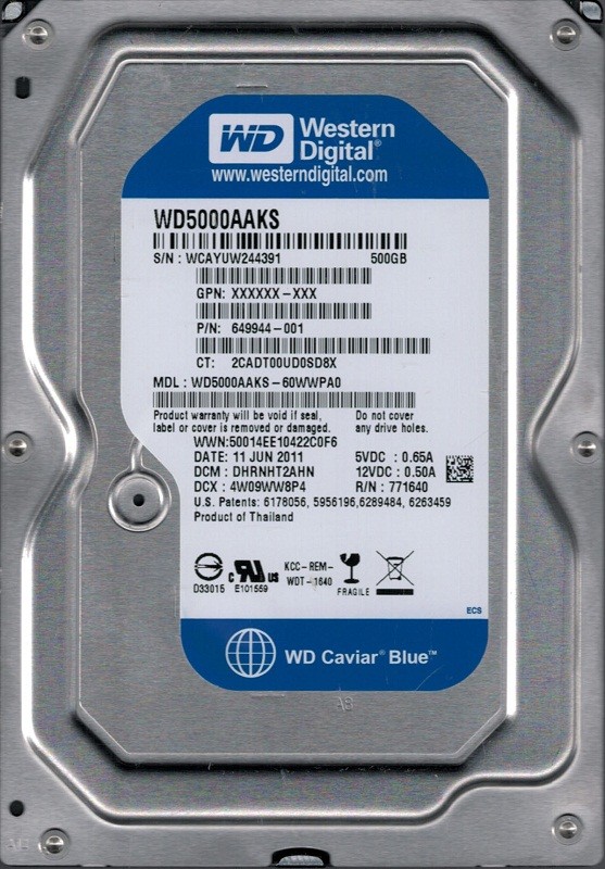 Western Digital WD5000AAKS-60WWPA0  DCM: DHRNHT2AHN 500GB