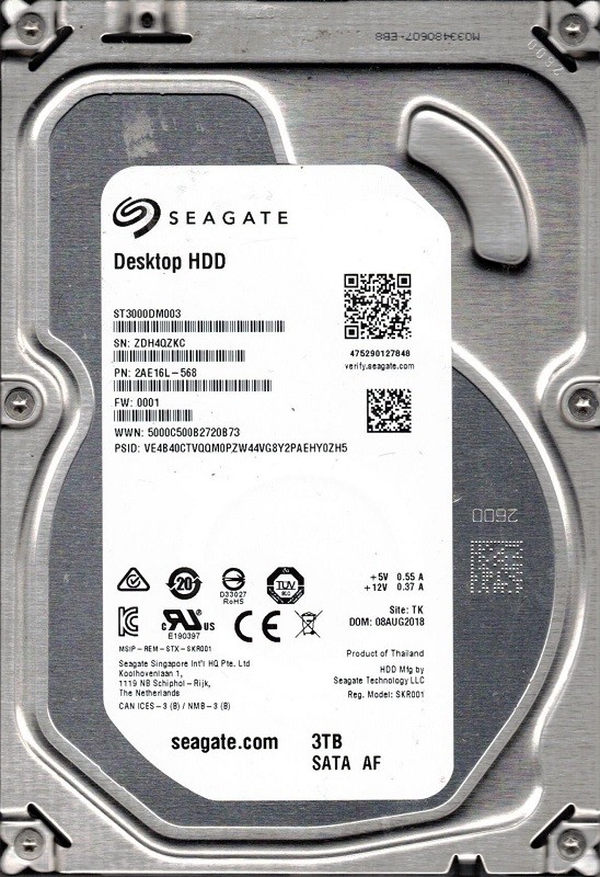 ST3000DM003 P/N: 2AE16L-568 F/W: 0001 TK ZDH Seagate Drsktop HDD 3TB